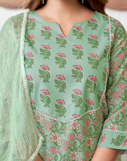 Pista Green Printed Rayon Straight Kurta With Pant And Dupatta