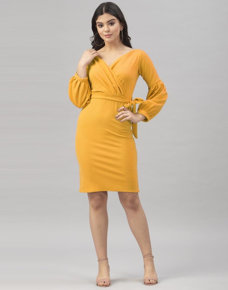 Bewitching Mustard Yellow Coloured Knitted Lycra Bodycon | Sudathi