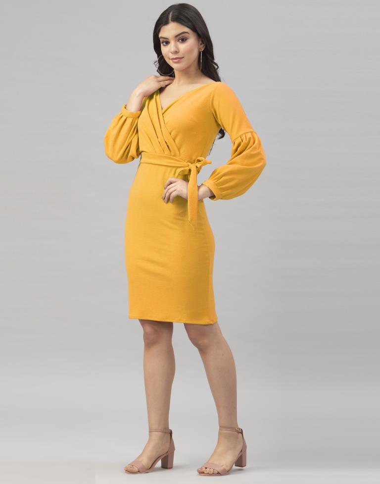 Bewitching Mustard Yellow Coloured Knitted Lycra Bodycon | Sudathi