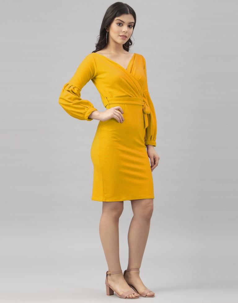 Bewitching Mustard Yellow Coloured Knitted Lycra Bodycon | Sudathi