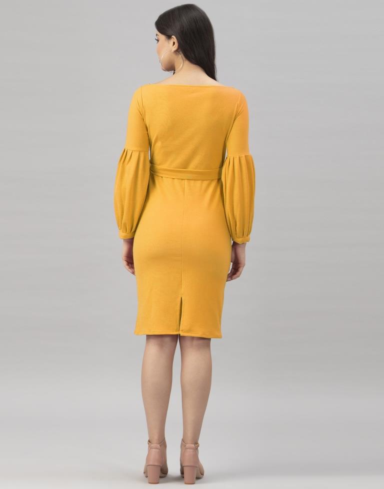 Bewitching Mustard Yellow Coloured Knitted Lycra Bodycon | Sudathi