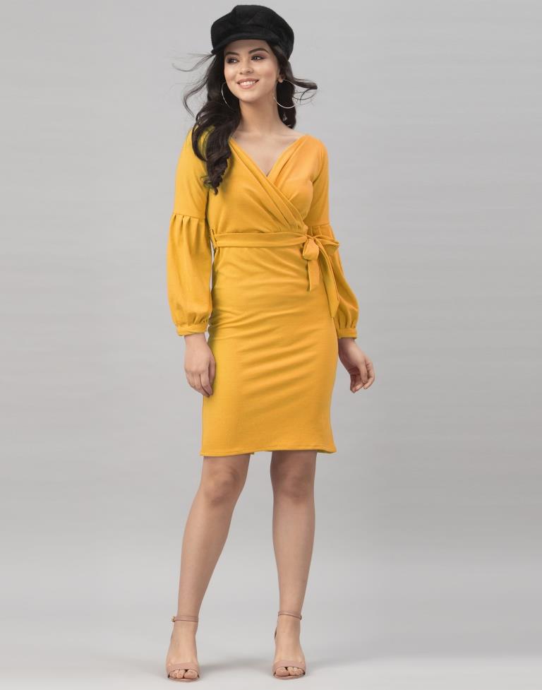 Bewitching Mustard Yellow Coloured Knitted Lycra Bodycon | Sudathi