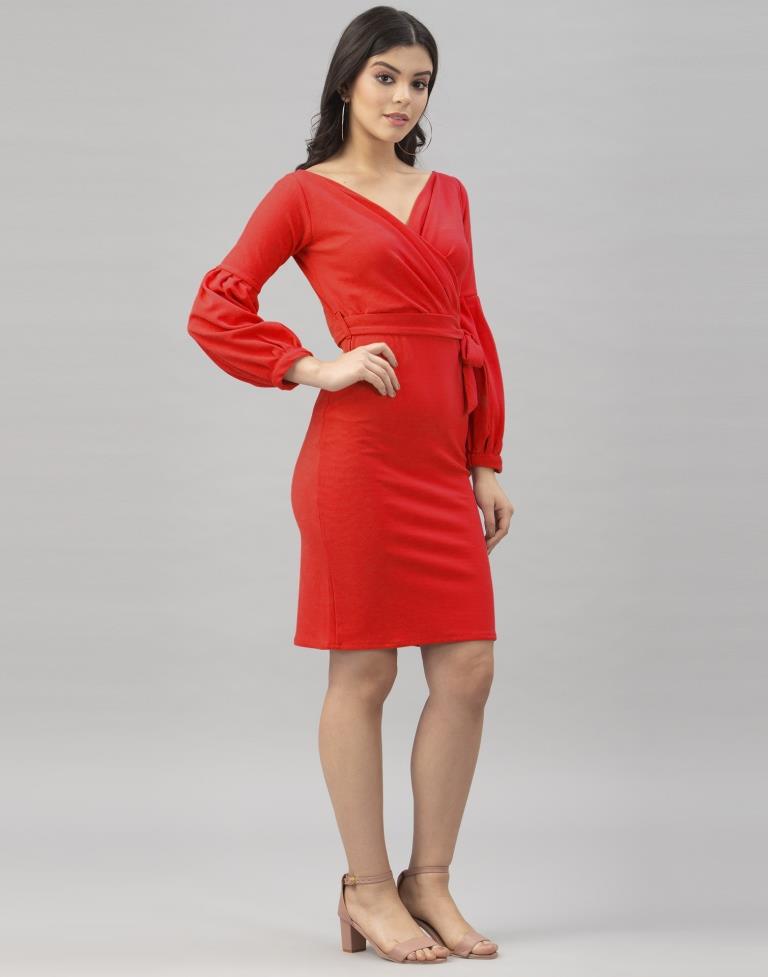 Picturesque Red Coloured Knitted Lycra Bodycon | Sudathi