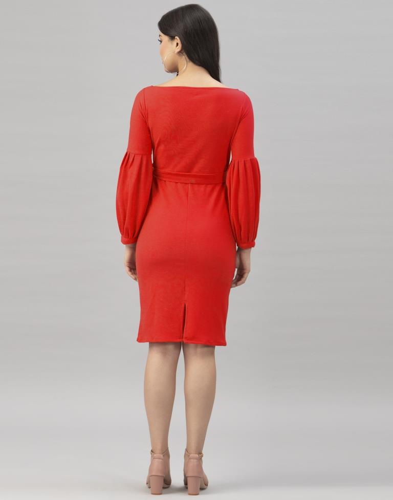Picturesque Red Coloured Knitted Lycra Bodycon | Sudathi