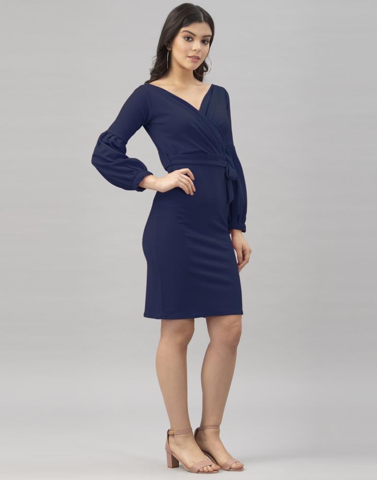 Refreshing Navy Blue Coloured Knitted Lycra Bodycon | Sudathi