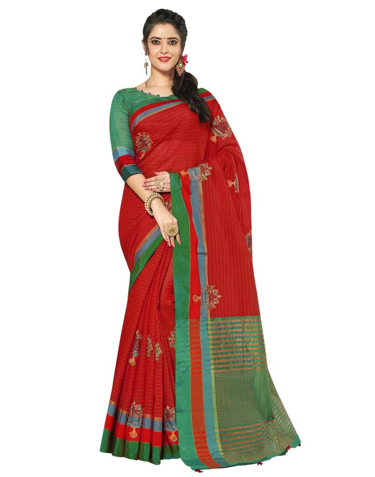Red Coloured Cotton Blend Jacquard Partywear saree | Leemboodi