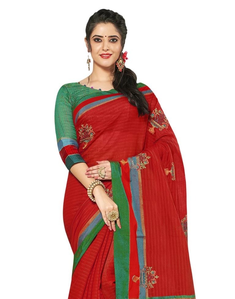 Red Coloured Cotton Blend Jacquard Partywear saree | Leemboodi