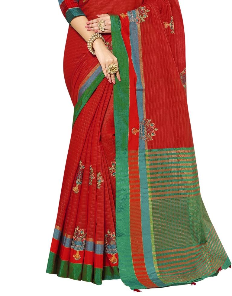 Red Coloured Cotton Blend Jacquard Partywear saree | Leemboodi
