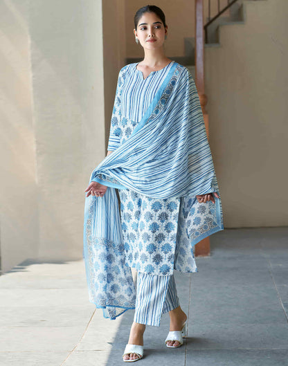 White Printed Rayon Straight Kurta With Pant And Dupatta