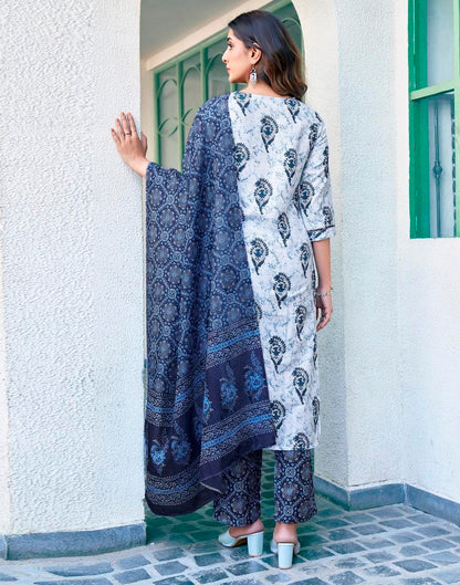 Blue Rayon Printed Kurta Set With Dupatta