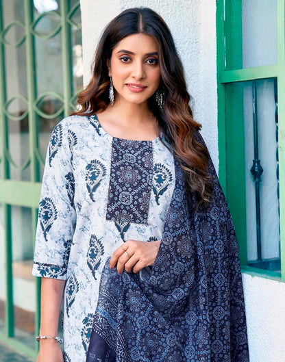 Blue Rayon Printed Kurta Set With Dupatta