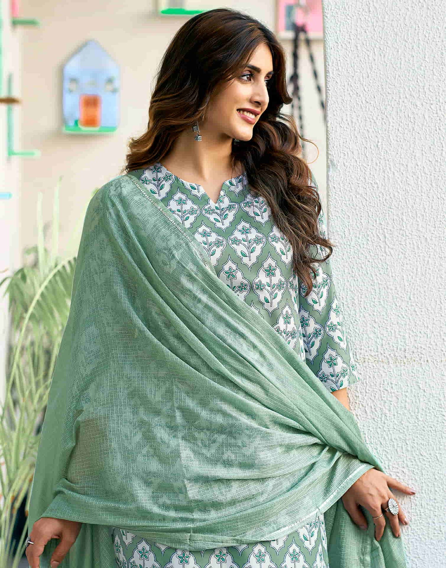 Light Dusty Green Printed Rayon Straight Kurta With Pant And Dupatta