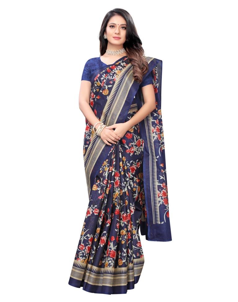Navy Blue Printed Silk Saree