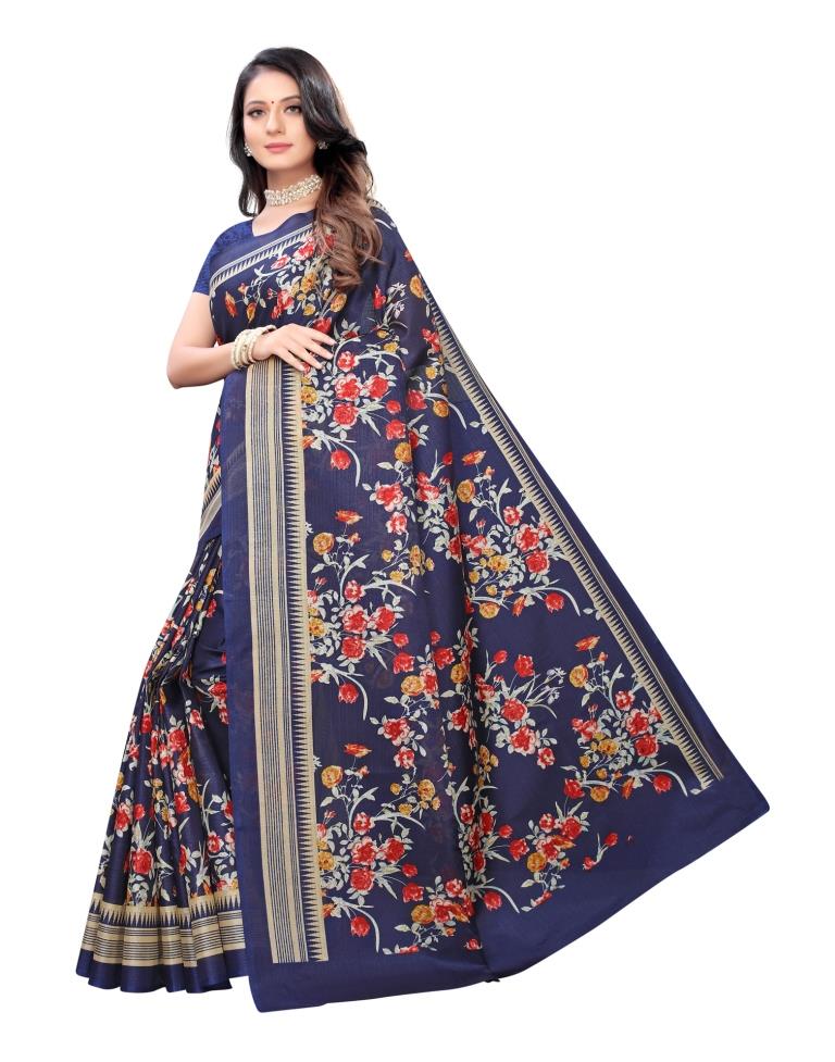 Navy Blue Printed Silk Saree