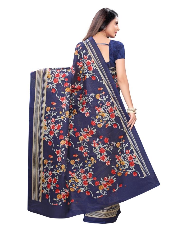 Navy Blue Printed Silk Saree