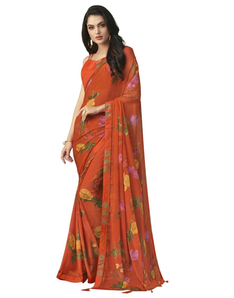 Orange Coloured Chiffon Printed Casual saree | Sudathi