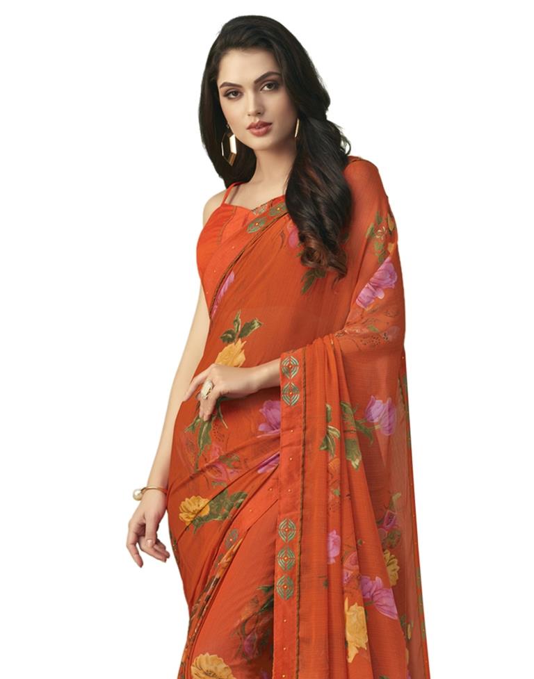 Orange Coloured Chiffon Printed Casual saree | Sudathi