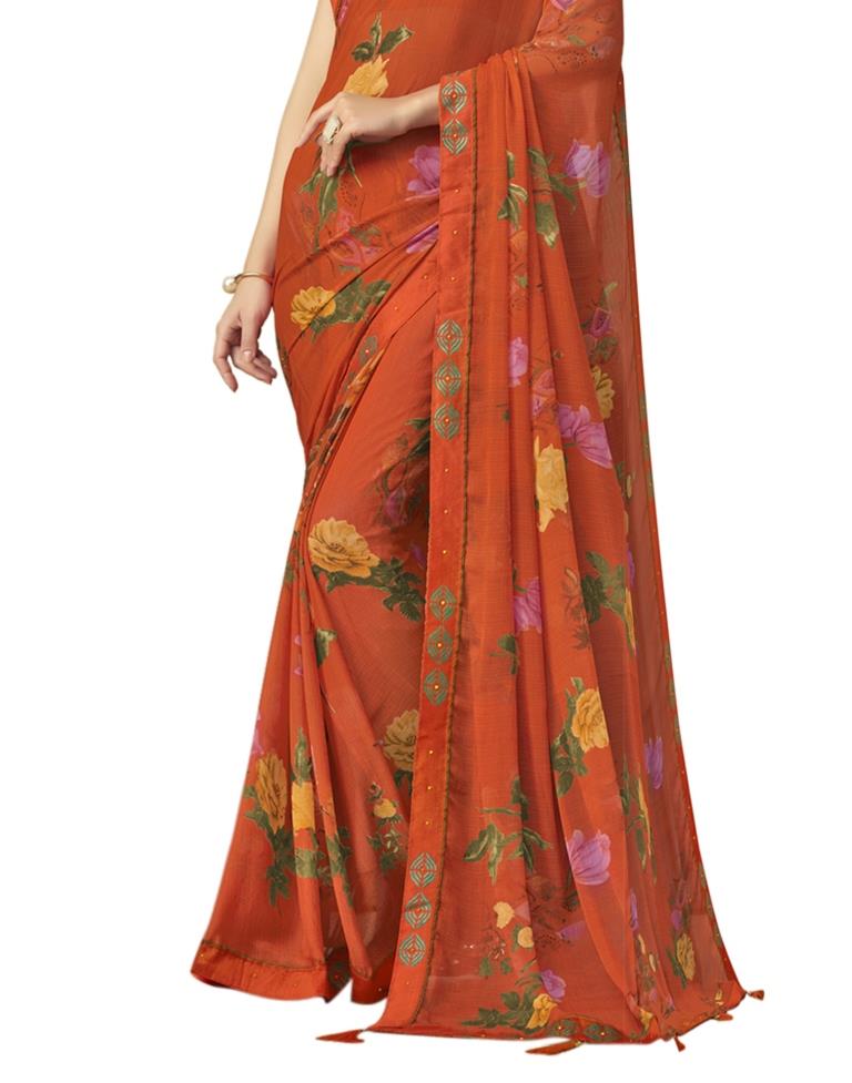 Orange Coloured Chiffon Printed Casual saree | Sudathi