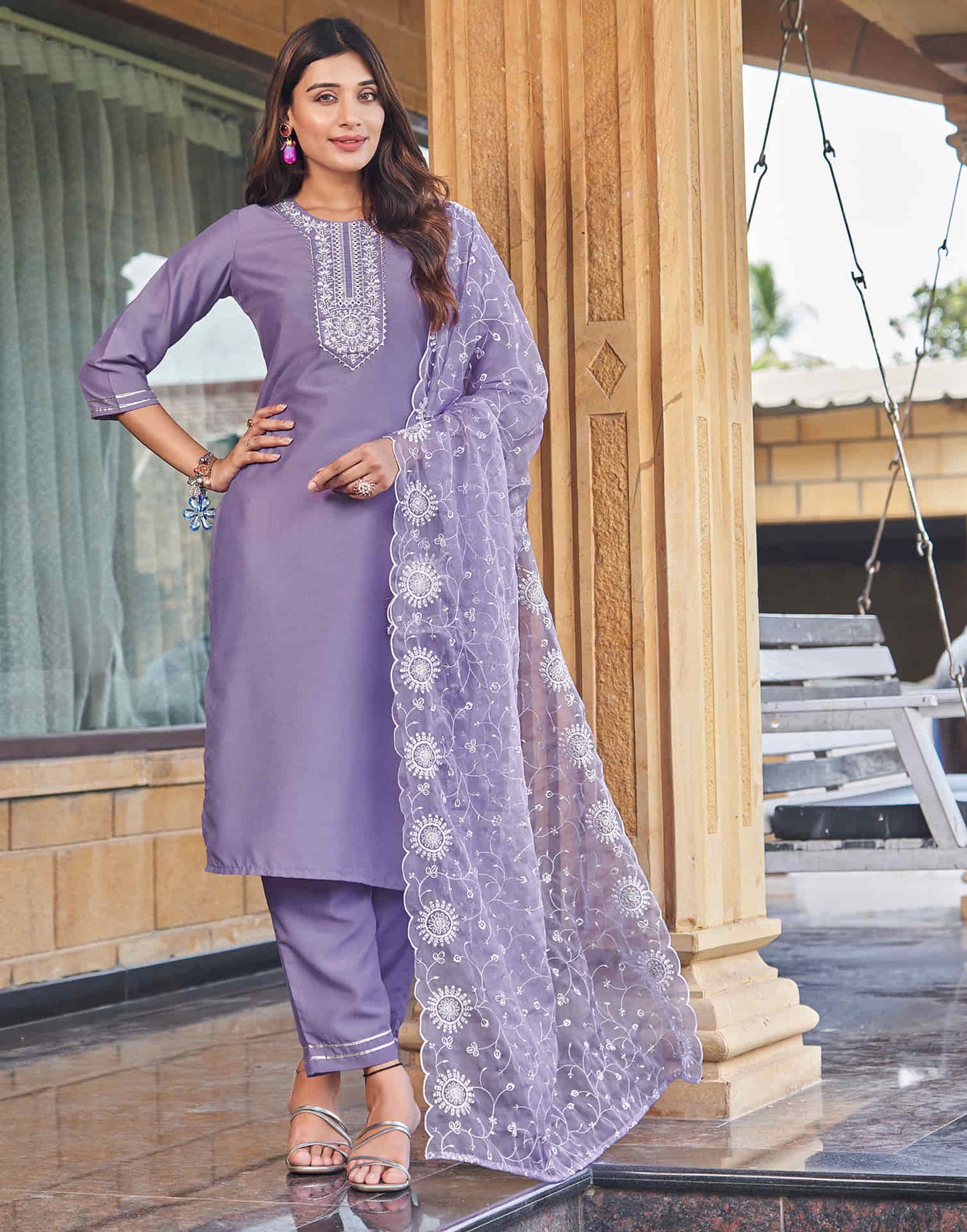 Lavender Sequence Cotton Straight Kurta With Pant And Dupatta