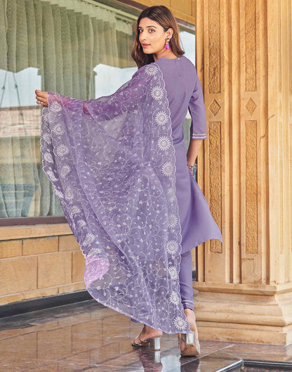 Lavender Sequence Cotton Straight Kurta With Pant And Dupatta