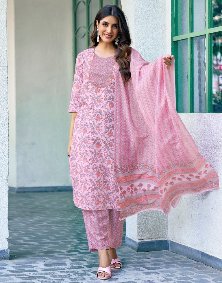 Pink Rayon Printed Kurta Set With Dupatta