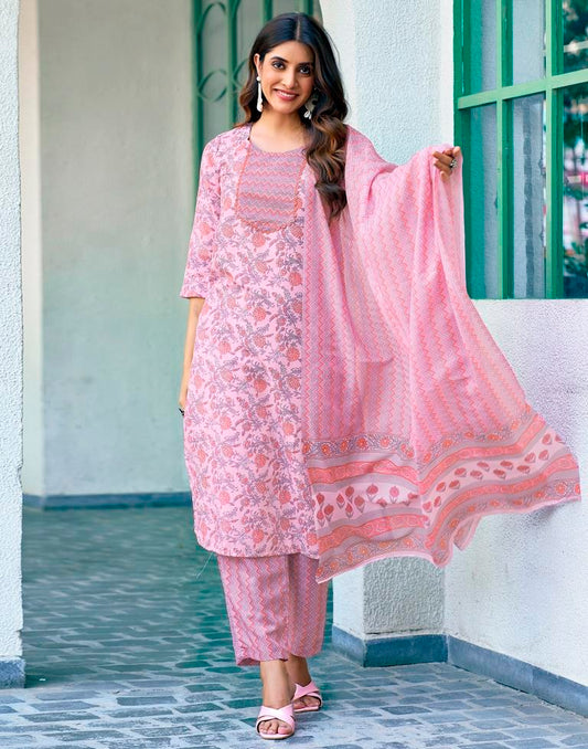 Pink Rayon Printed Kurta Set With Dupatta