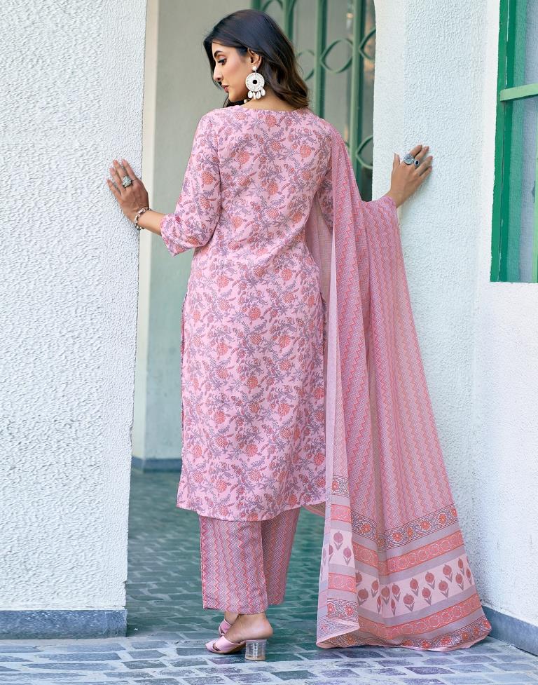 Pink Rayon Printed Kurta Set With Dupatta