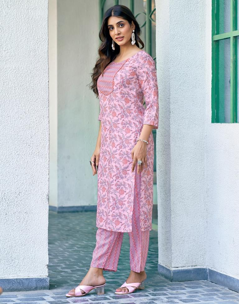 Pink Rayon Printed Kurta Set With Dupatta