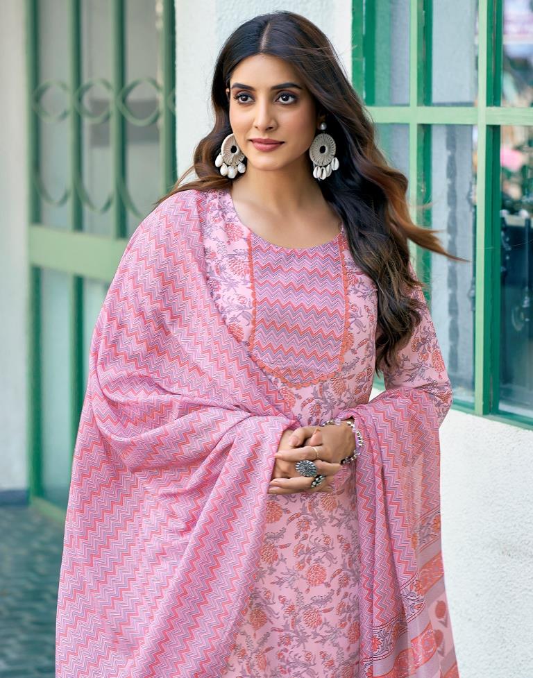 Pink Rayon Printed Kurta Set With Dupatta