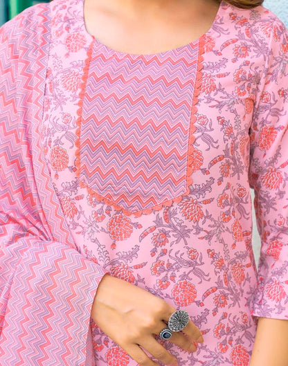 Pink Rayon Printed Kurta Set With Dupatta