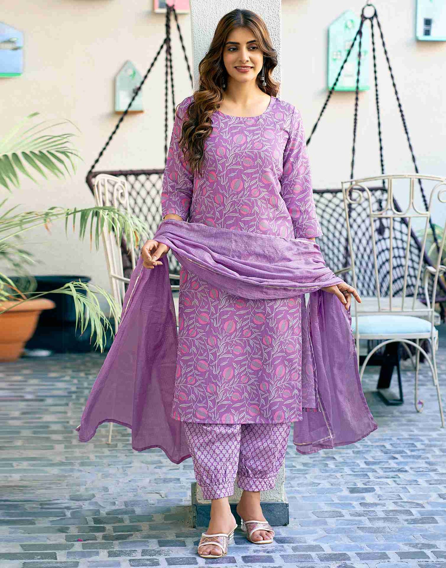 Light Purple Printed Rayon Straight Kurta Set With Dupatta