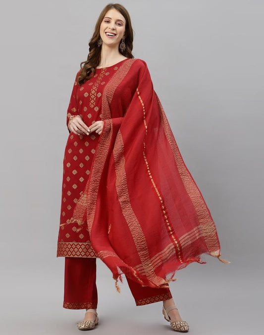 Red Kurti With Pant And Dupatta | Leemboodi