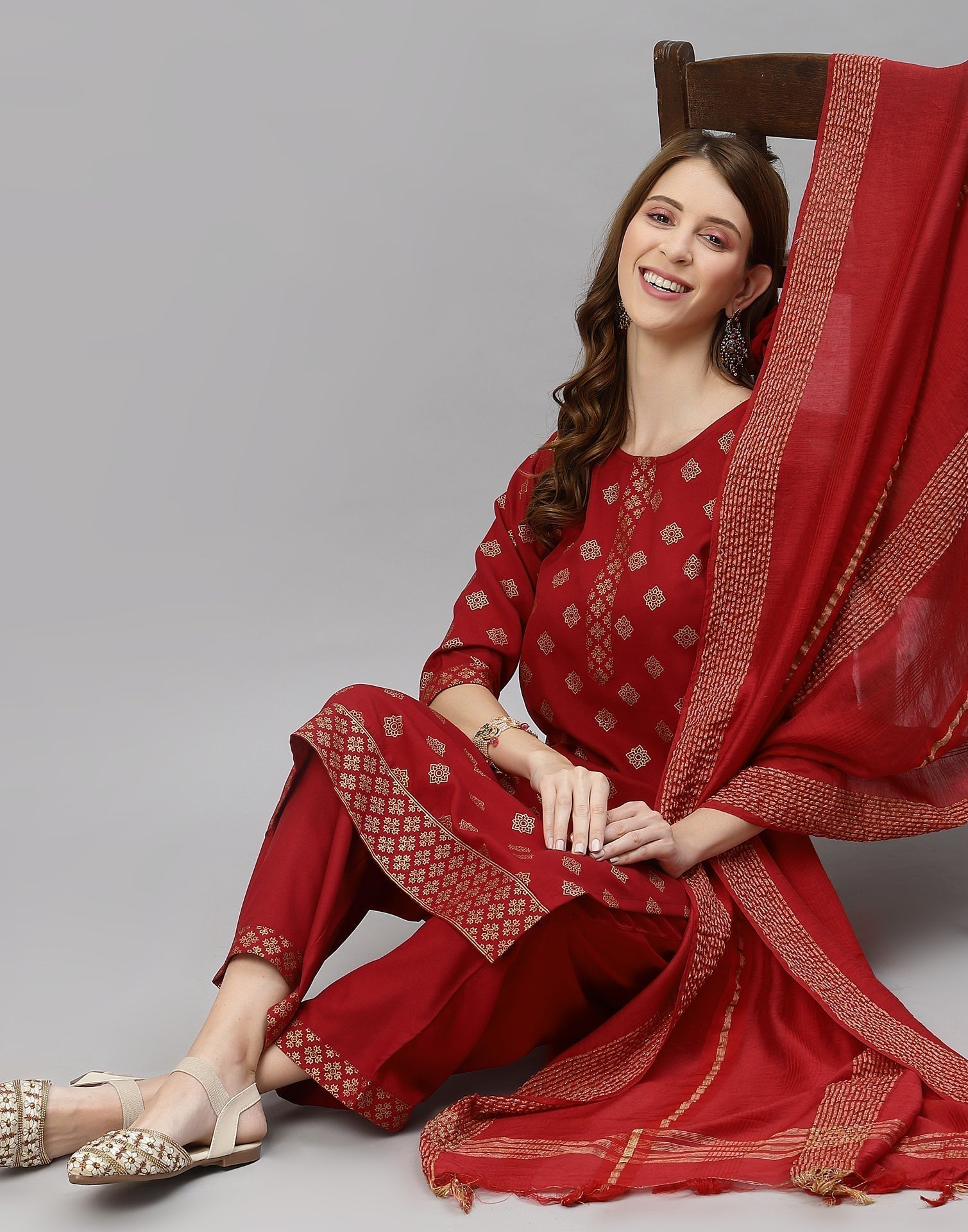 Red Kurti With Pant And Dupatta | Leemboodi