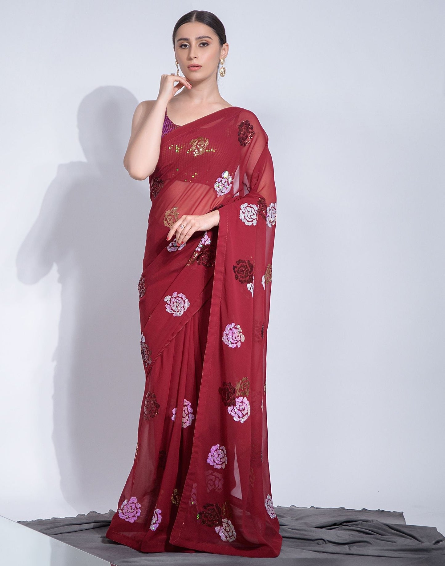 Red Heavy Georgette With Sequence Flower Saree | Leemboodi