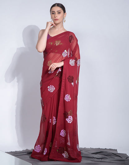 Red Heavy Georgette With Sequence Flower Saree | Leemboodi