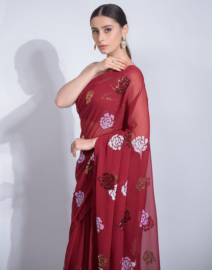 Red Heavy Georgette With Sequence Flower Saree | Leemboodi