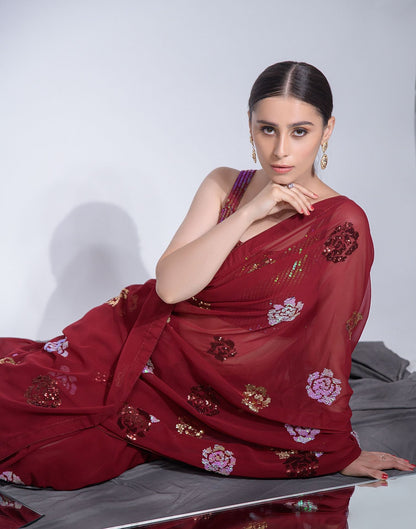 Red Heavy Georgette With Sequence Flower Saree | Leemboodi