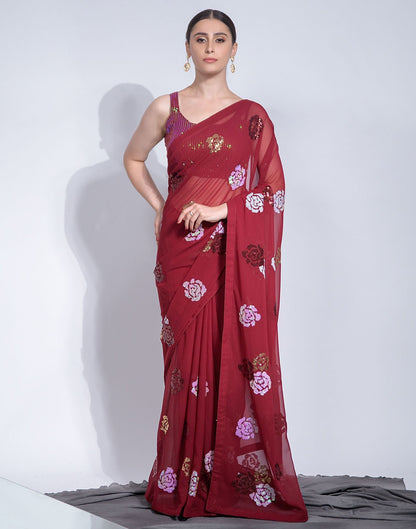 Red Heavy Georgette With Sequence Flower Saree | Leemboodi