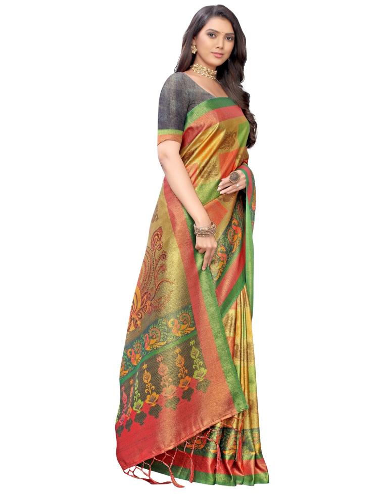 Chartreuse Yellow Coloured Silk Digital Printed Partywear saree | Sudathi