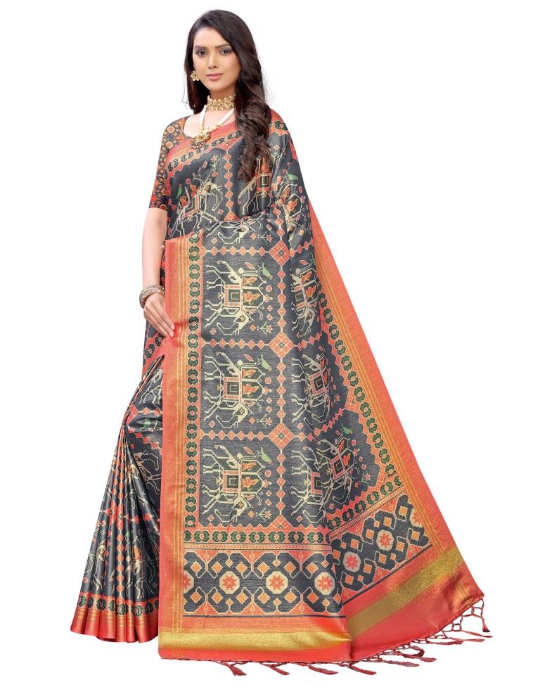 Spruce Blue Coloured Silk Blend Digital Printed Partywear saree | Sudathi