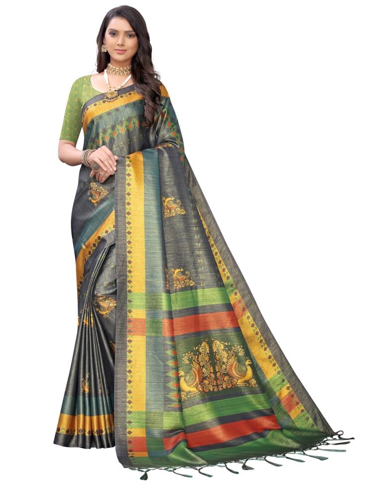 Spruce Blue Coloured Silk Blend Digital Printed Partywear saree | Sudathi