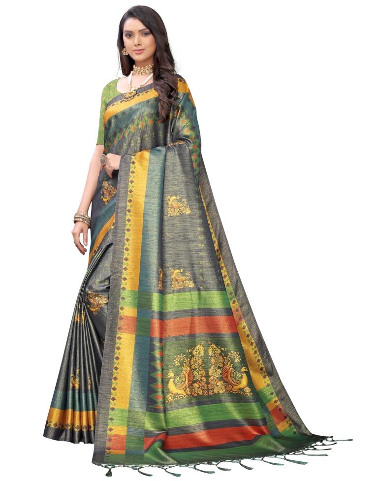 Spruce Blue Coloured Silk Blend Digital Printed Partywear saree | Sudathi