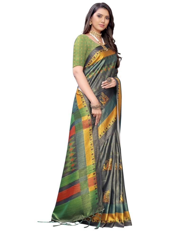 Spruce Blue Coloured Silk Blend Digital Printed Partywear saree | Sudathi