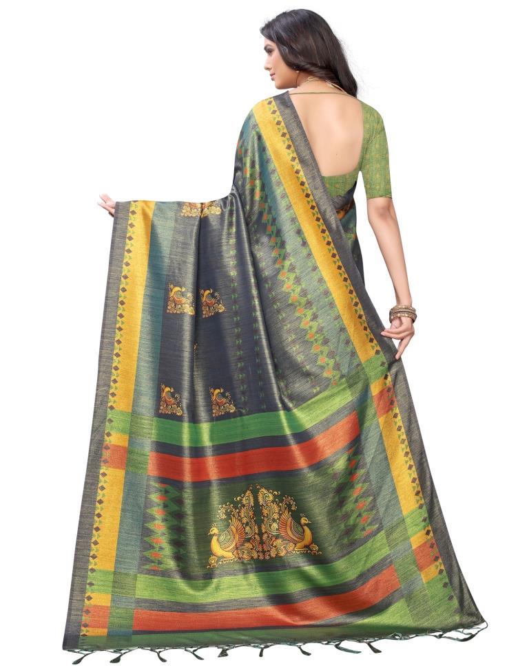 Spruce Blue Coloured Silk Blend Digital Printed Partywear saree | Sudathi