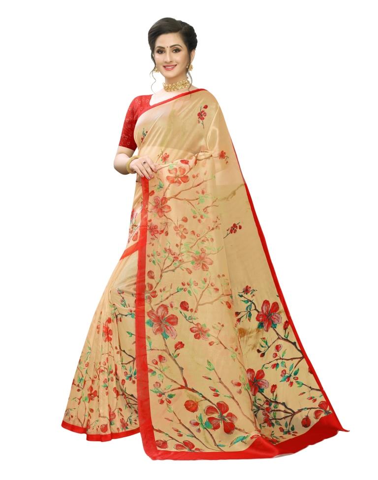 Melon Orange Printed Organza Saree