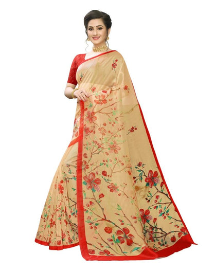 Melon Orange Printed Organza Saree