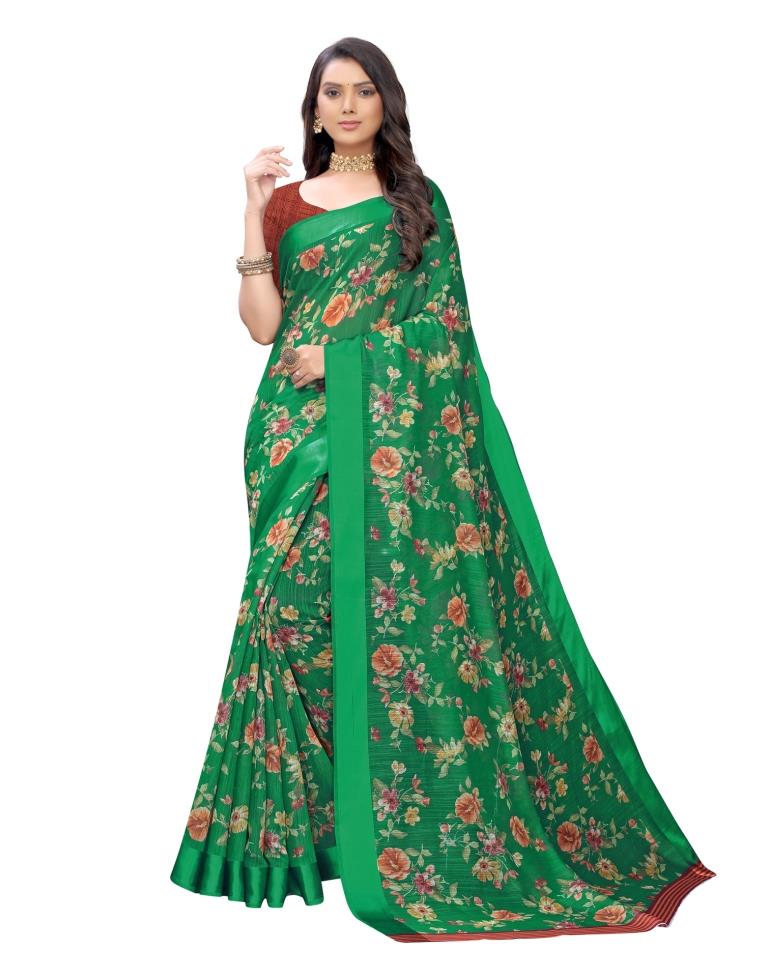 Green Printed Cotton Saree