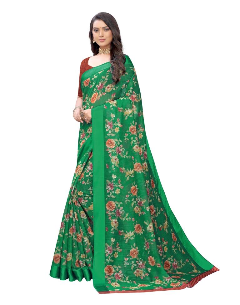 Green Printed Cotton Saree