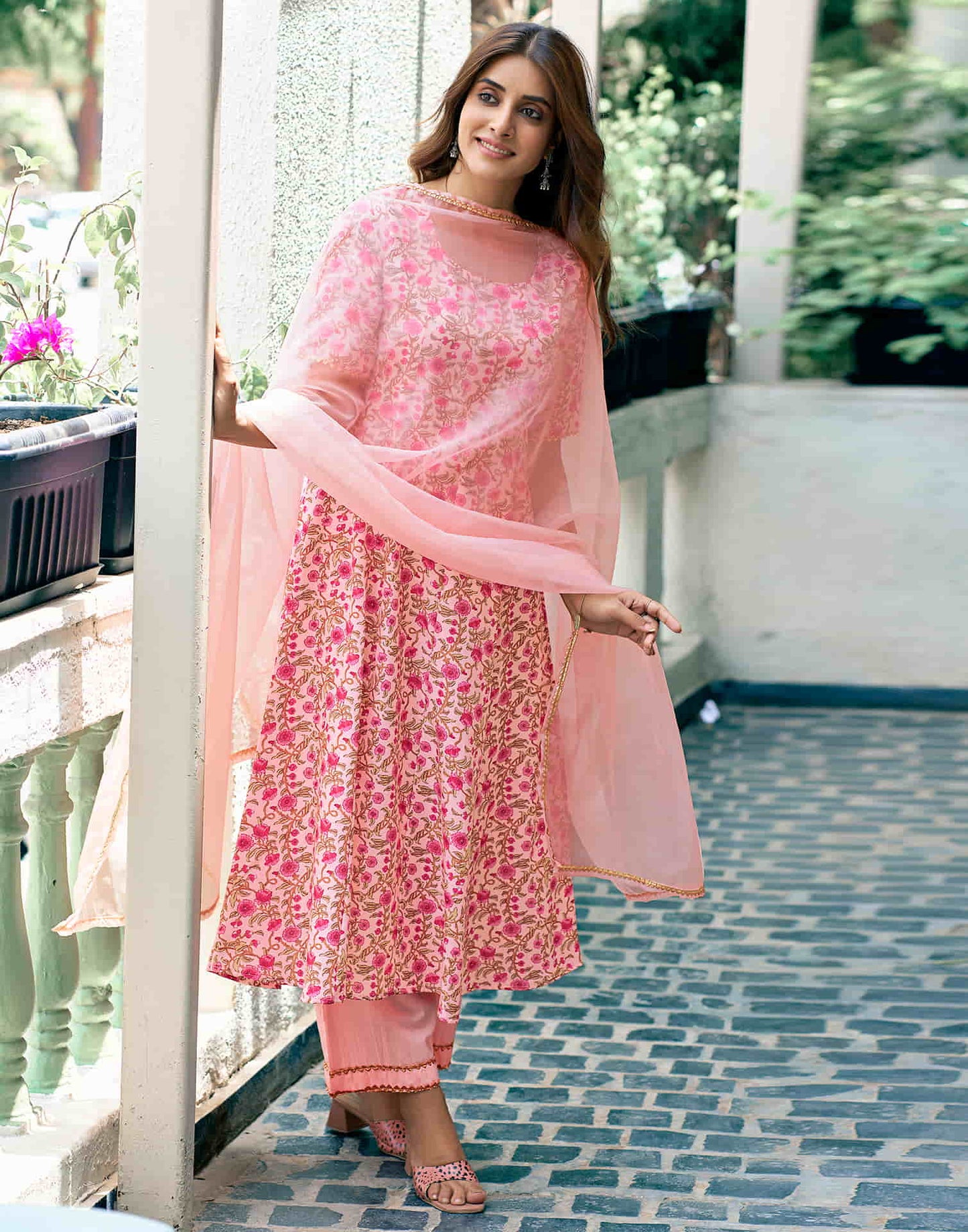 Light Pink Printed Rayon A-Line Kurta With Pant And Dupatta