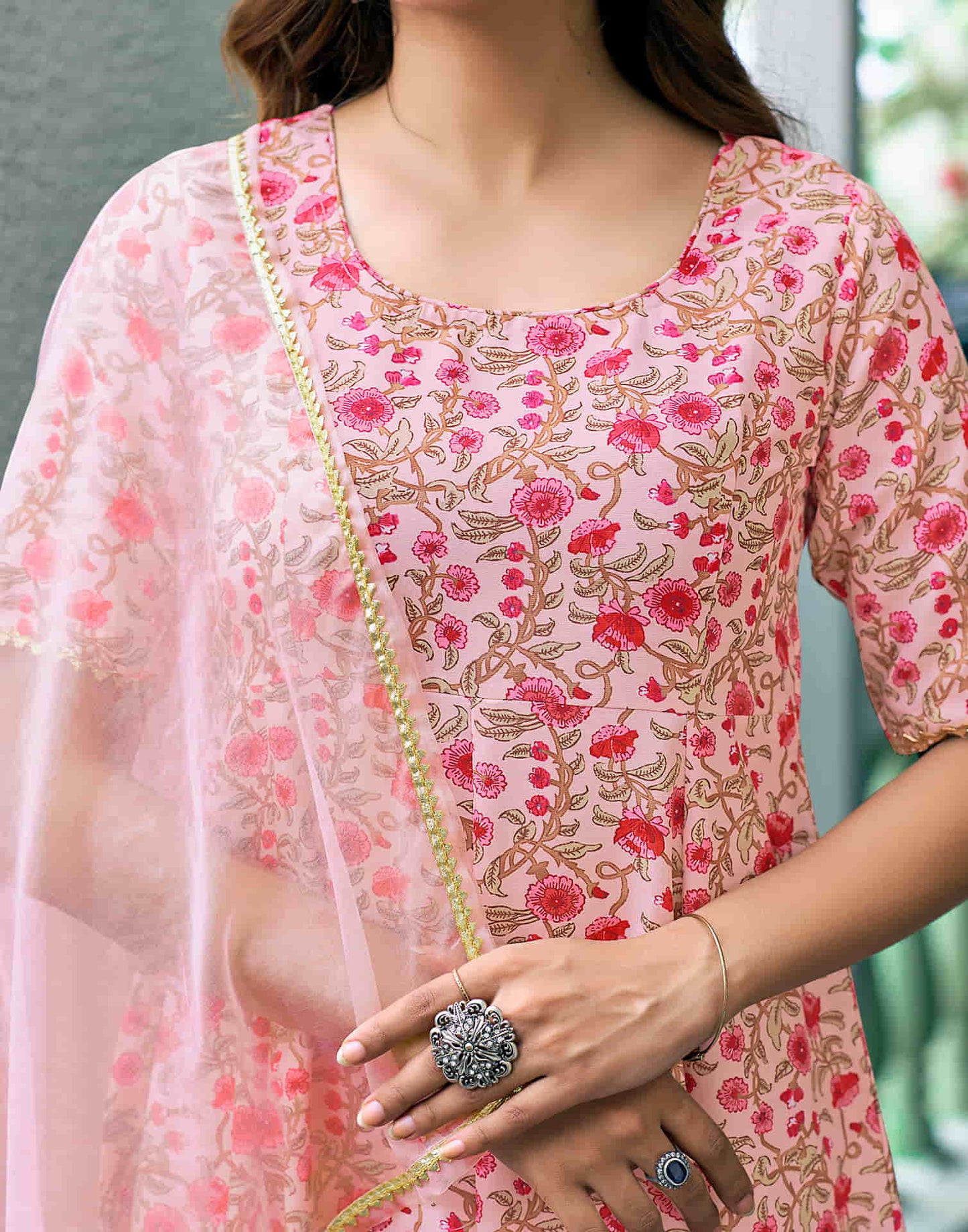 Light Pink Printed Rayon A-Line Kurta With Pant And Dupatta